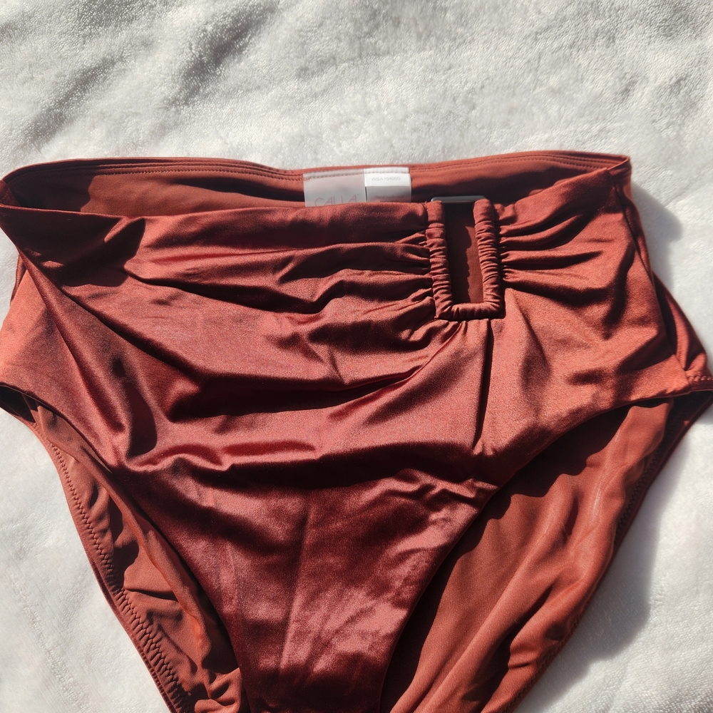 CALIA High-Waisted Asymmertrical Swim Bottom In Red Brown Shine NWT